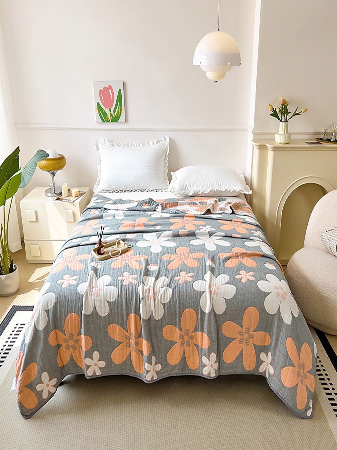 JC HOME Grey & Orange Colored Floral Printed Pure Cotton AC Room 350 GSM Double Bed Quilt