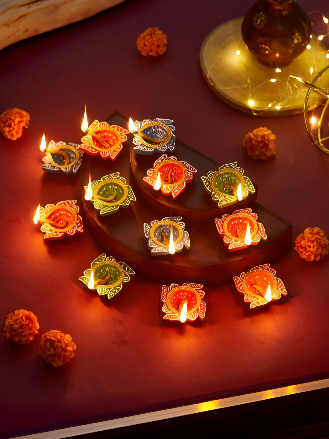 TIED RIBBONS Blue and Red 12 Pieces Handcrafted Oil Diya