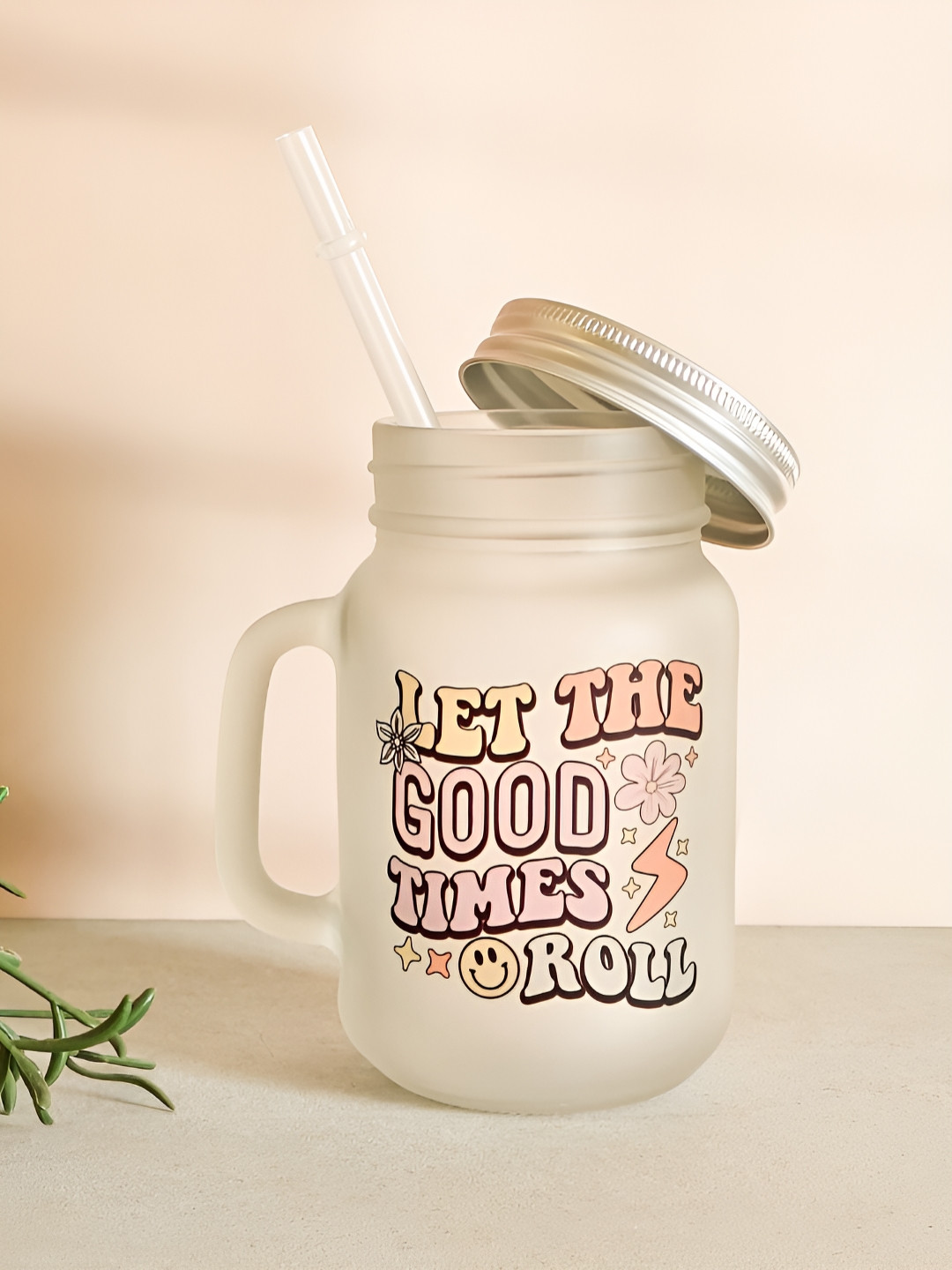 One Posh Home Minimal Art Transparent Typography Glass Microwave Safe Cup with Lid and Straw-500ml