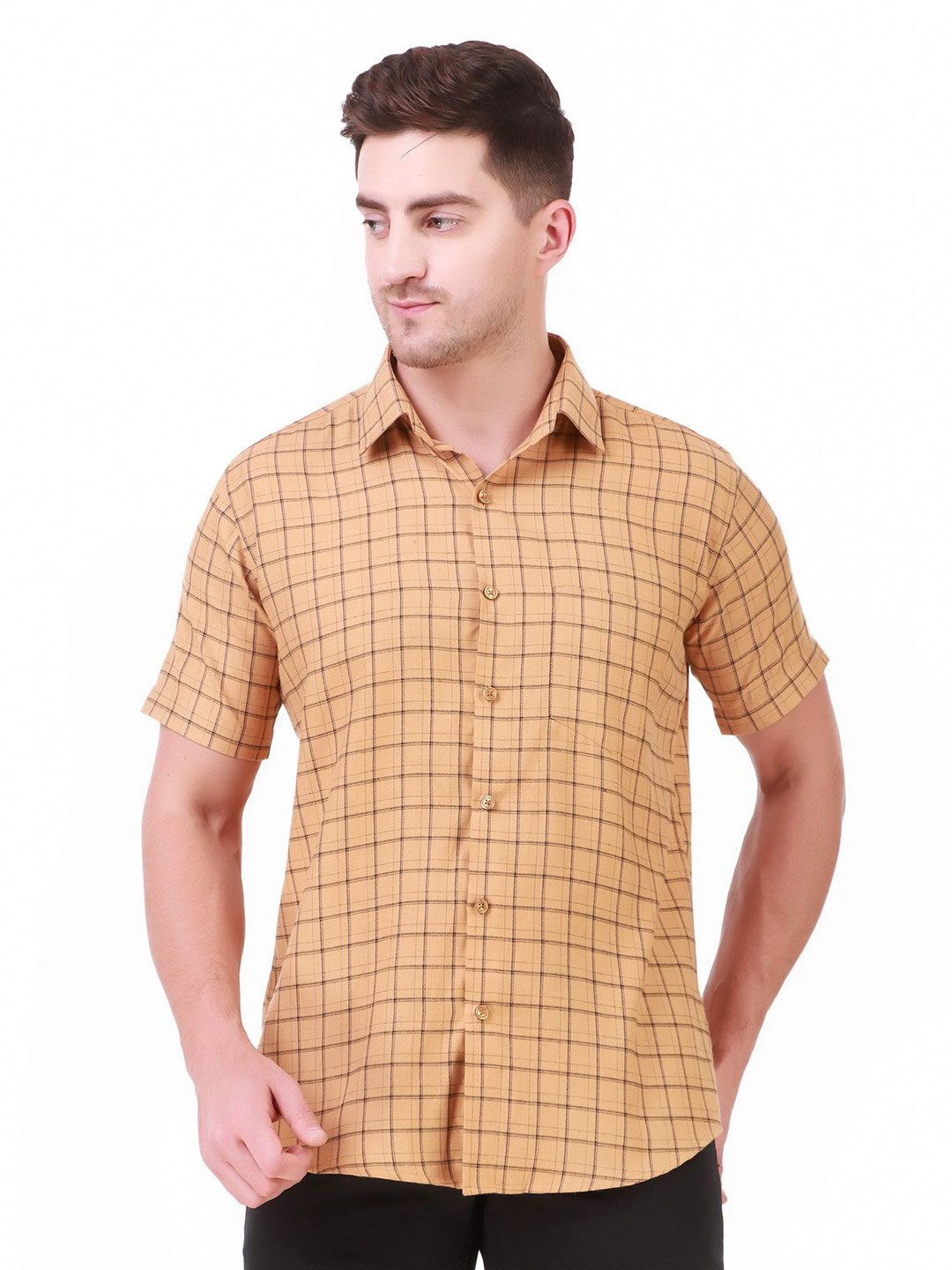 DESIGN UP Men Classic Spread Collar Checked Slim Fit Formal Shirt