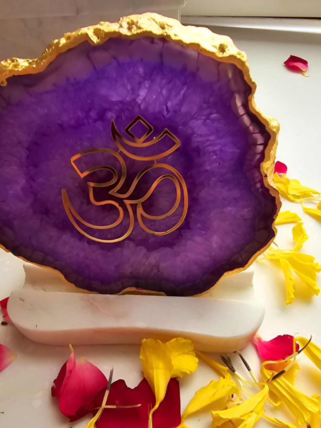 HOMEARTE White & Purple OM Agate with Marble Tea light Religious Candle Holder