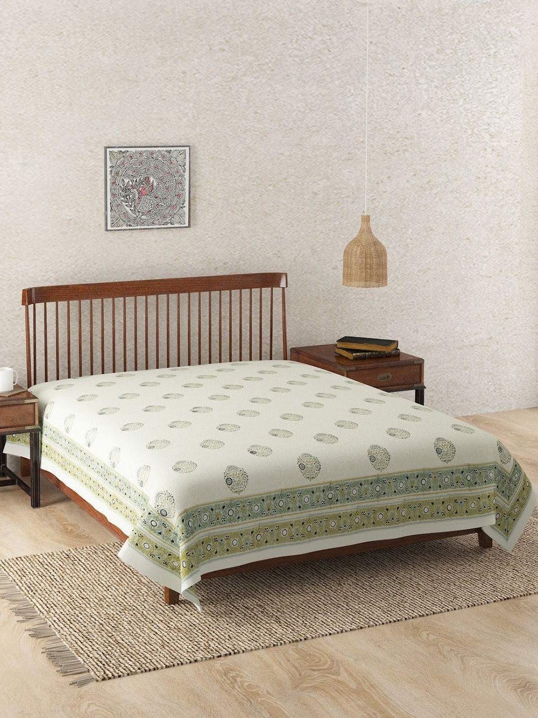 Fabindia Krisha Green & Blue Block Printed Cotton Double Bed Cover