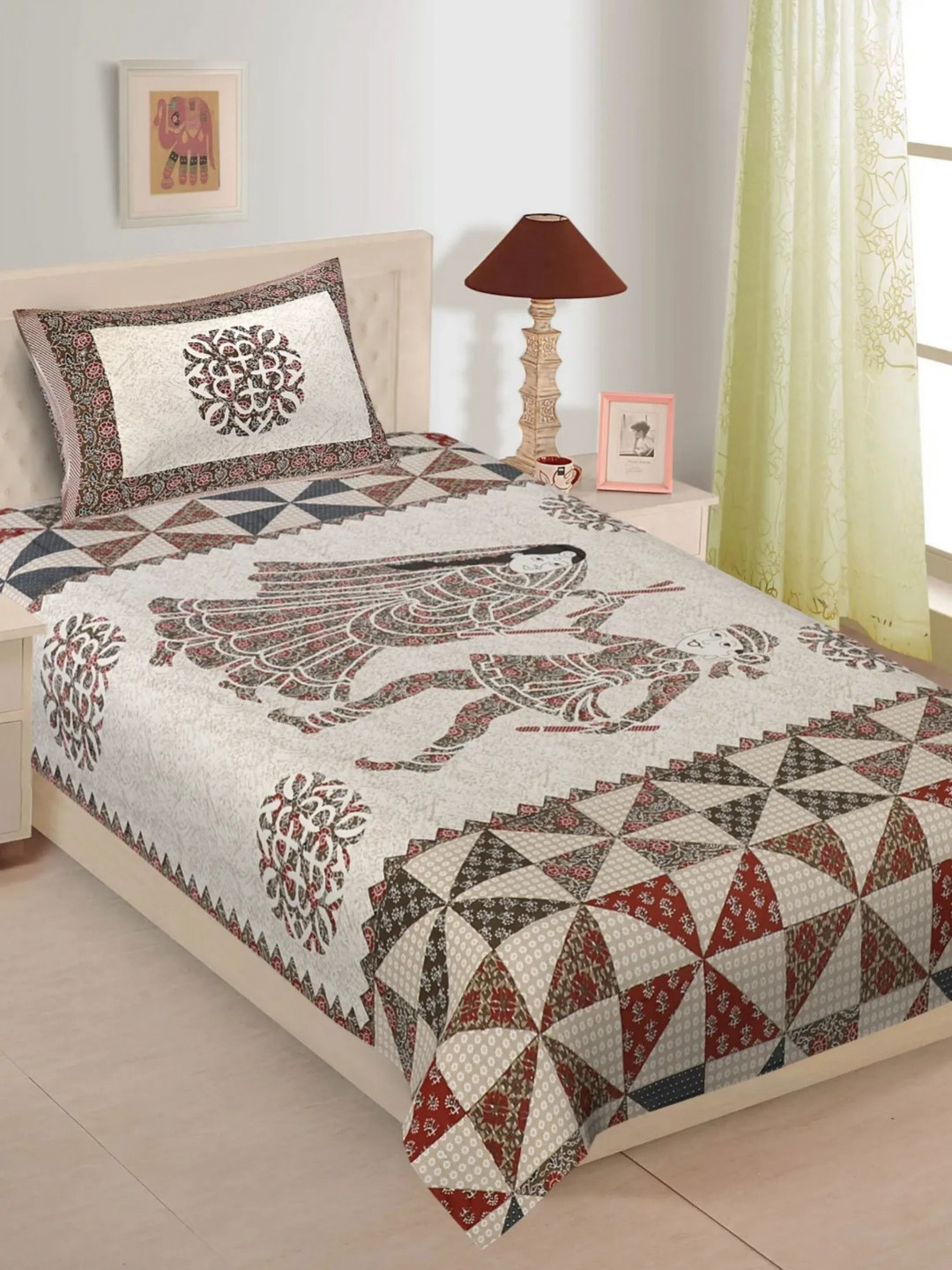 LIVING ROOTS Single Size Jaipur Block Print Cotton Bedsheet With 1 Pillow Covers