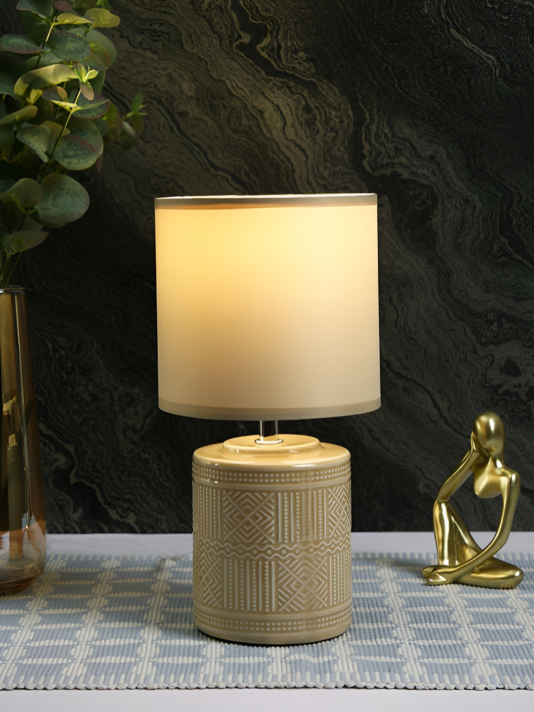 TAYHAA Beige Ceramic Textured Cylindrical Shaped Table Lamp
