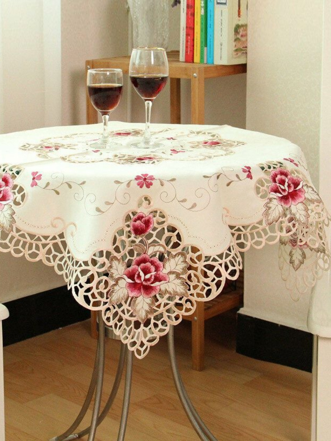 MONKDECOR Cream-Coloured & Pink Floral Embroided Round Shaped 4-Seater Satin Table Cover