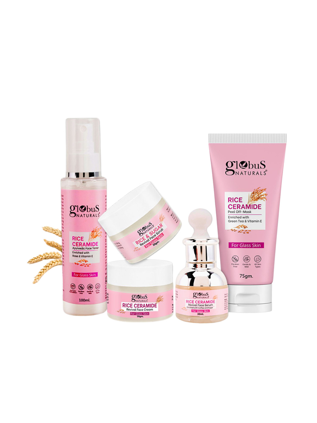 Globus naturals Set Of 5 Rice Ceramide Face Scrub Serum Cream Toner & Peel-Off Mask