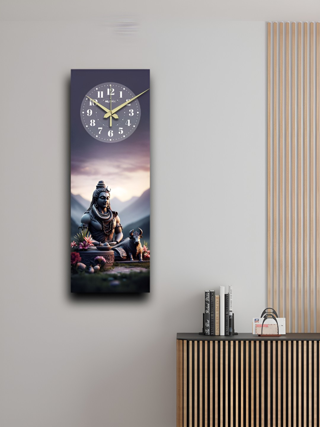 OLIVE TREE Grey & White Lord Shiva Printed Rectangle Shaped Wooden Analogue Wall Clock