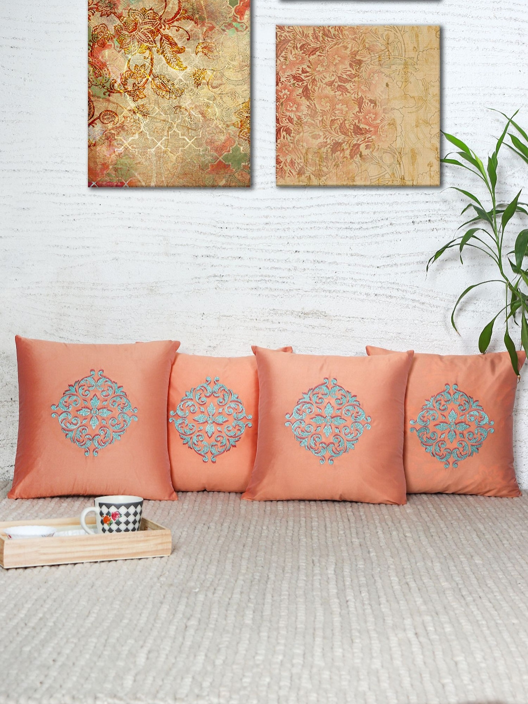 ZEBA Two Tone Ethnic Motifs Polyester Washable 4 Pcs Cushion Covers - 15.7 x 15.7 In