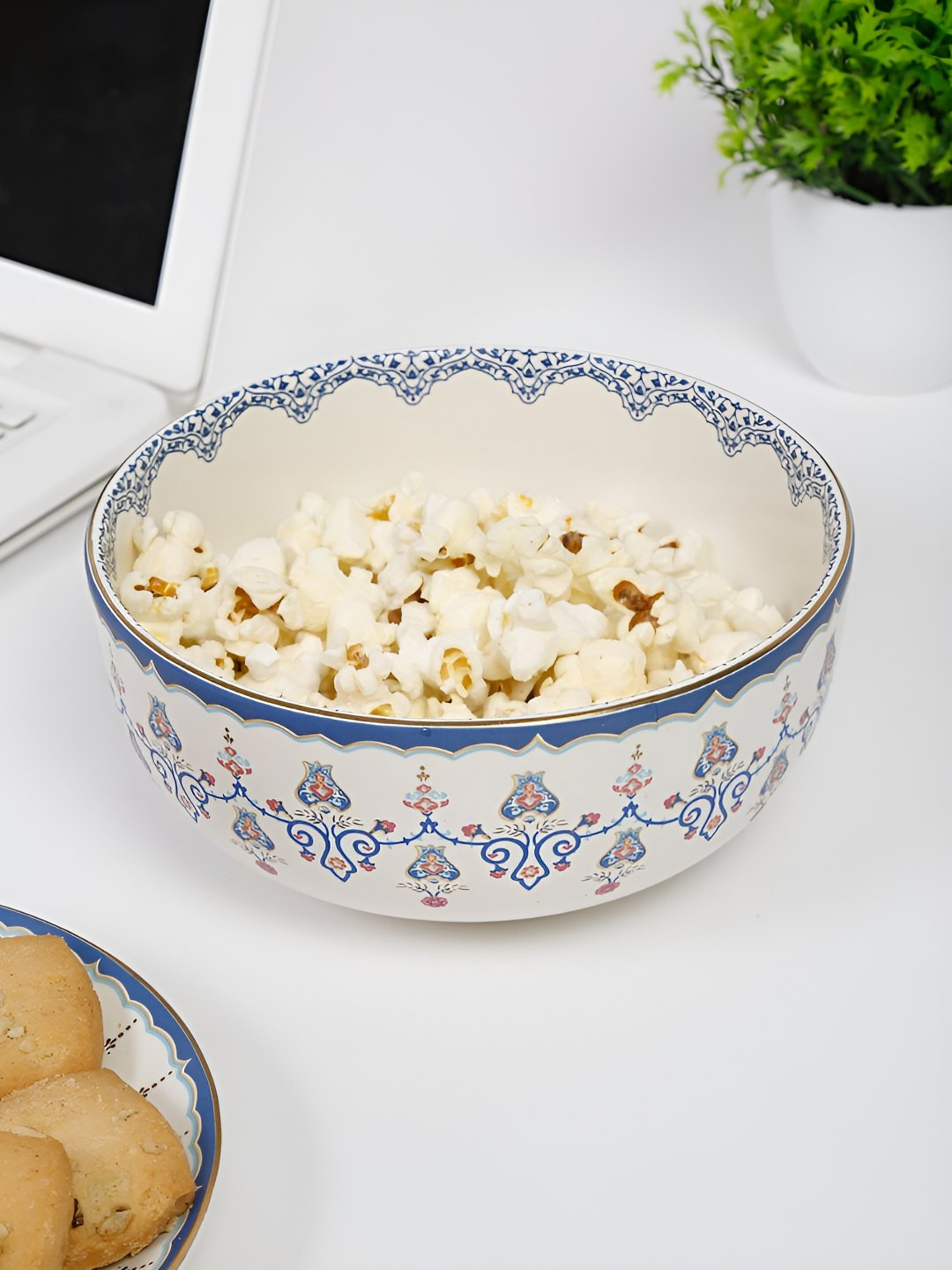 Fabindia Lavanya White & Blue Printed Ceramic Serving Bowl