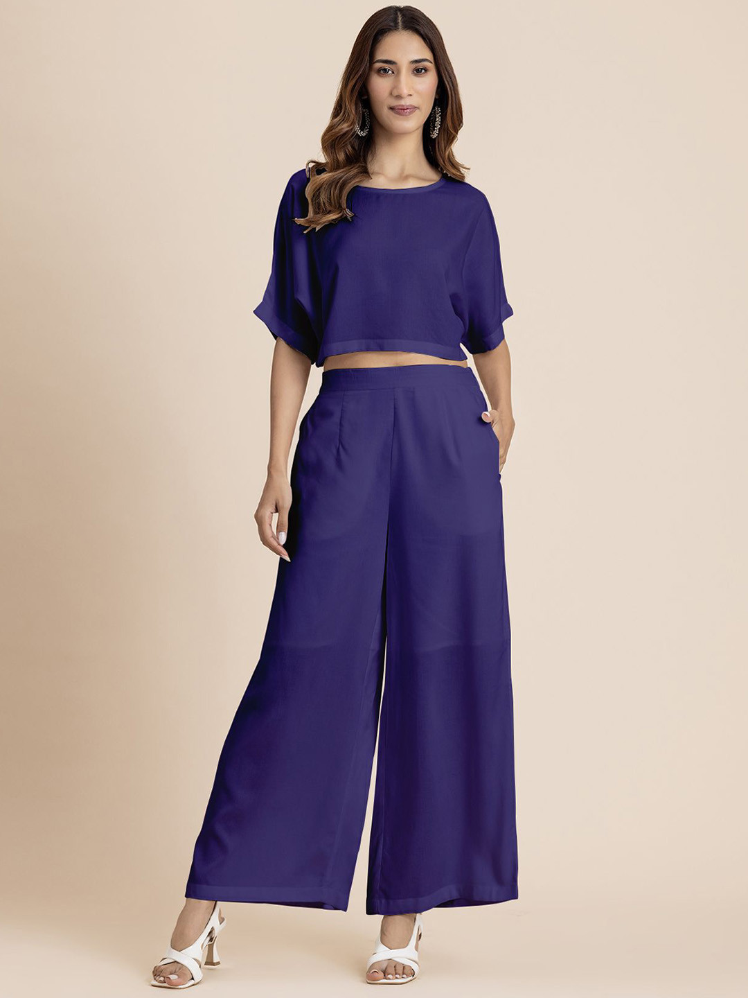 Moomaya Round Neck Boxy Fit Top With Palazzos