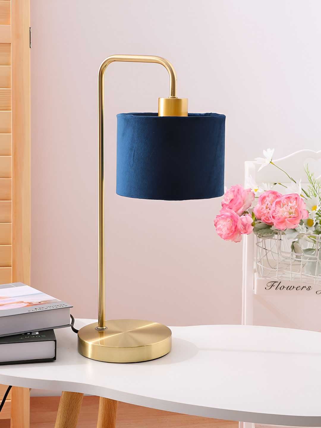 UMAI Beige Iron Cylindrical Shaped Marble Base Velvet Table Lamp