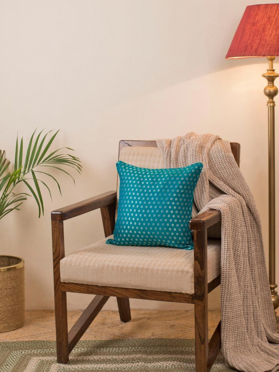 Fabindia Nurvi Teal & Gold-Toned Floral Square Cushion Covers