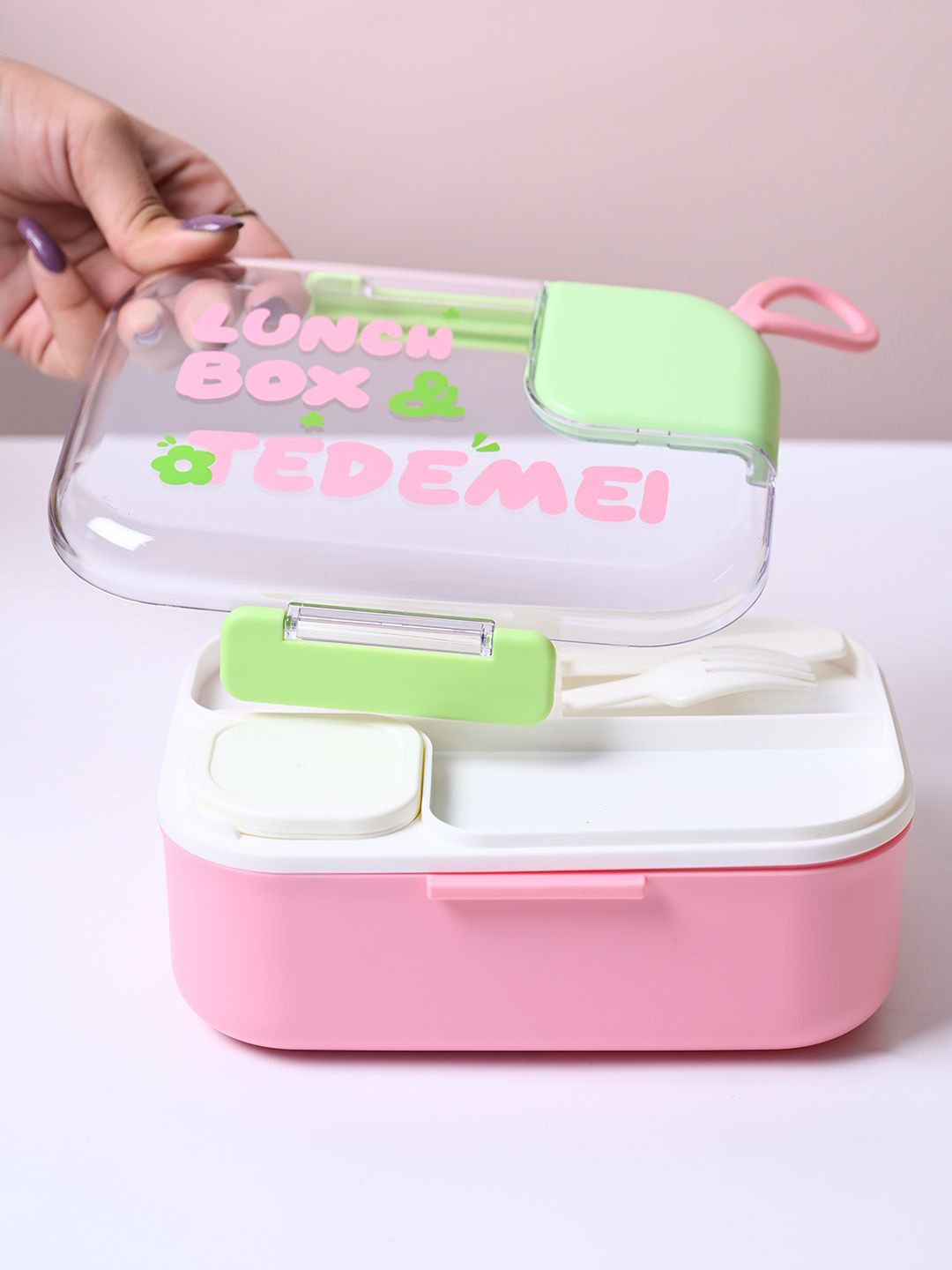 MARKET99 White Typography Plastic Easy to Clean 1PCs Lunch Box With Spoon and Fork