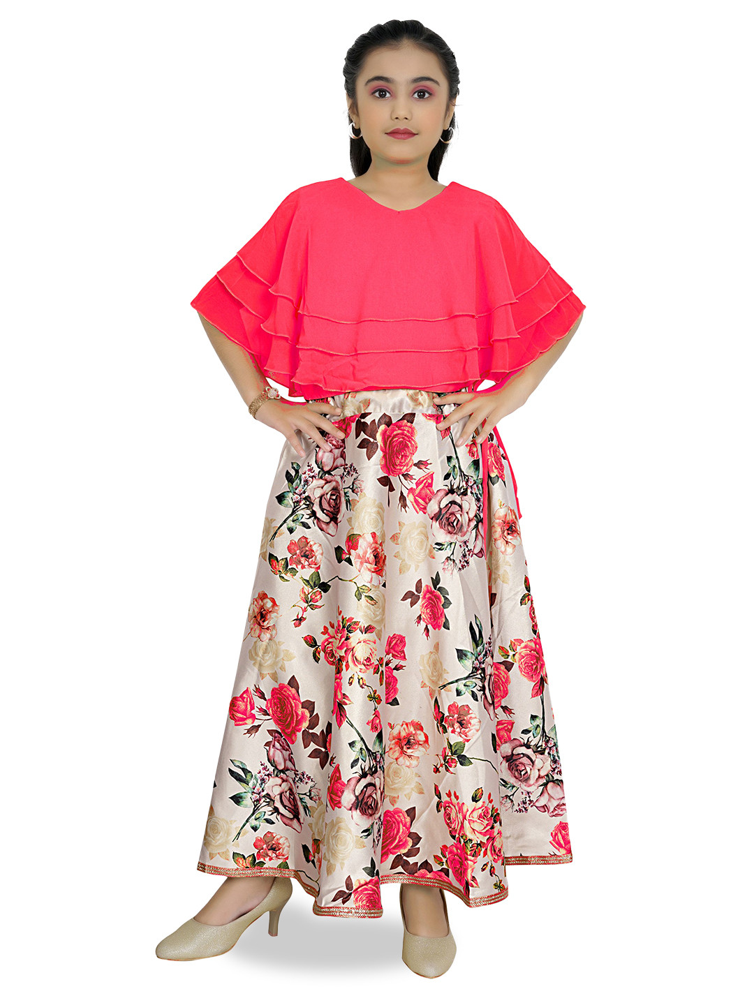 BAESD Girls Floral Digital Printed Cape Sleeve Fit & Flare Maxi Dress