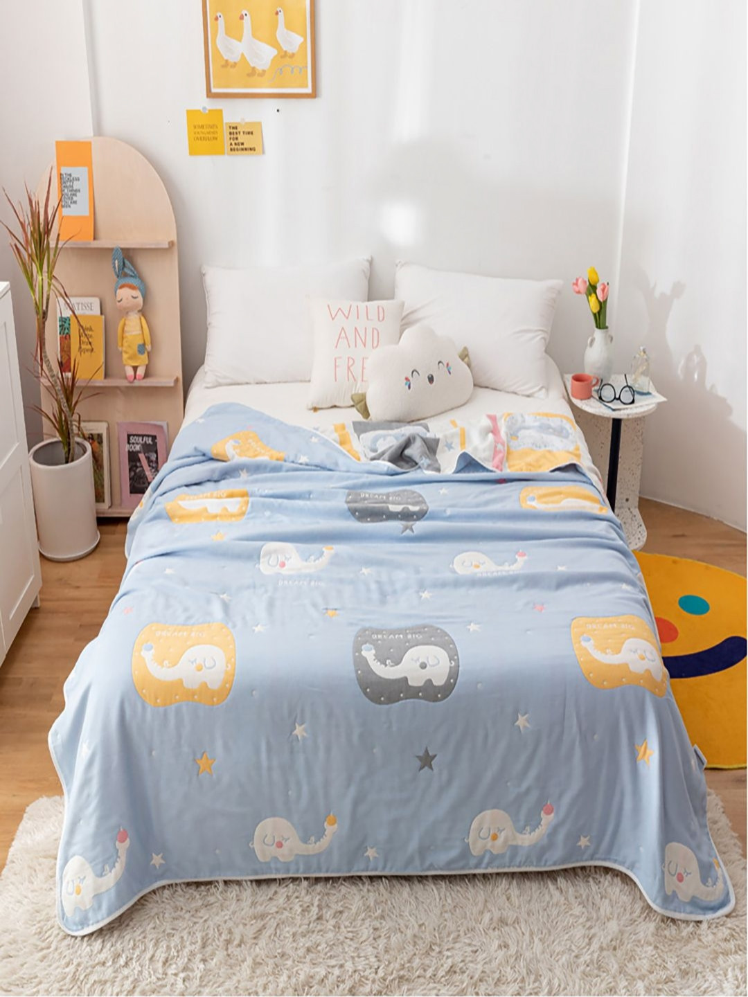 JC HOME Blue & Orange Cartoon Characters AC Room 400 GSM Cotton Bed Quilt