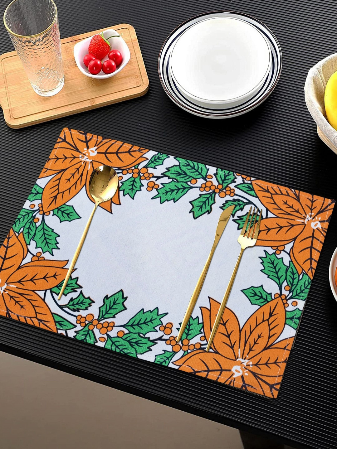 ANA Orange-Coloured & Green 2 Pieces Floral Cotton Rectangle Table Placemats