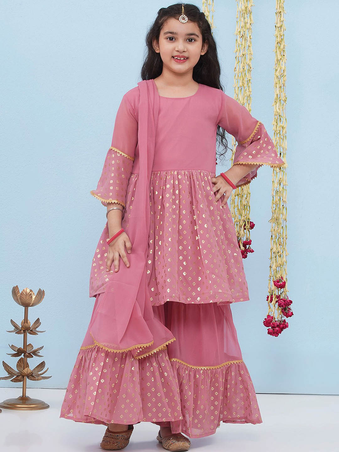 Aj DEZInES Girls Ethnic Motifs Printed Bell Sleeves Anarkali Kurta With Sharara & Dupatta