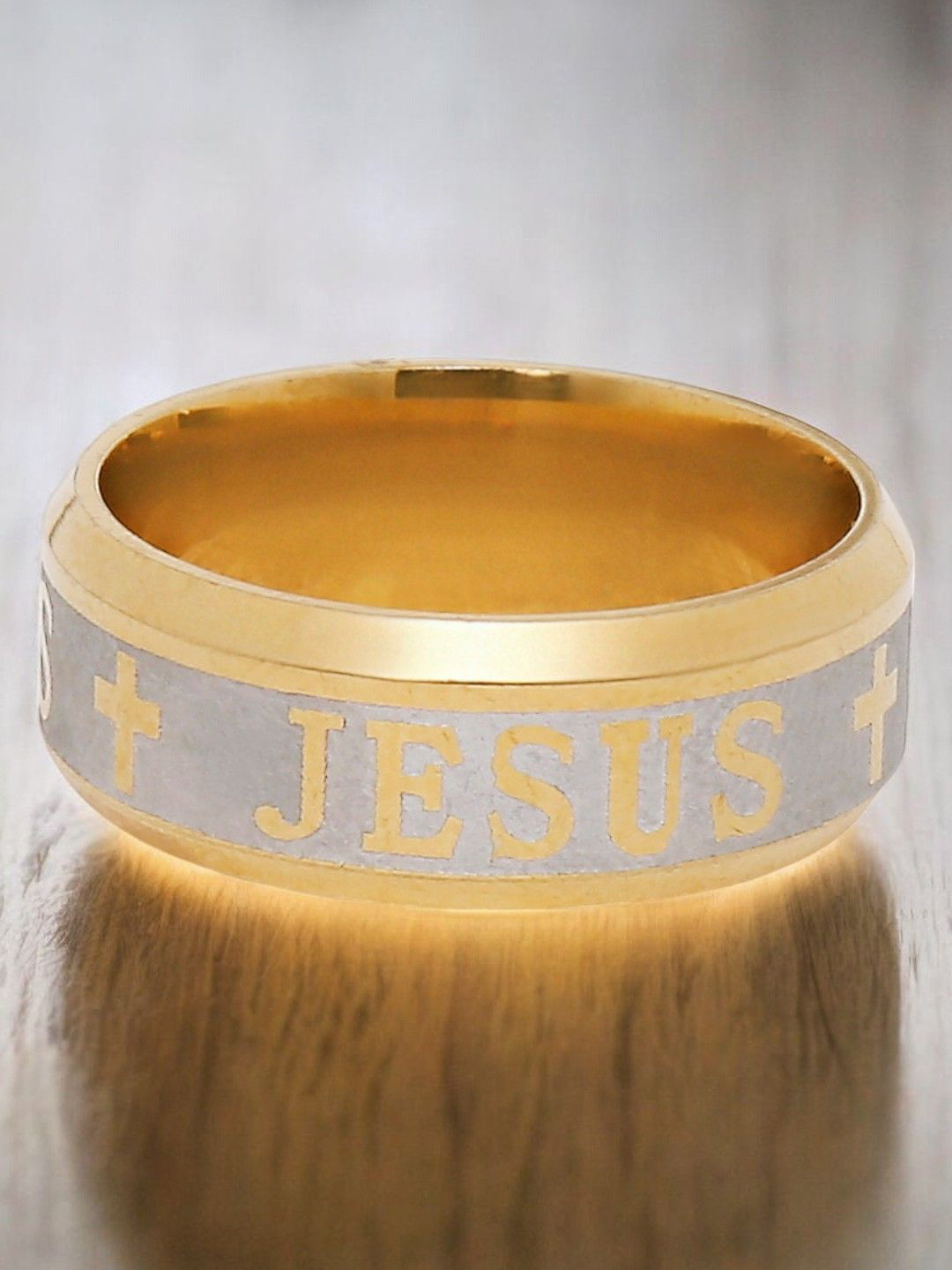 fabula Men Gold Titanium Steel Jesus Broad Band Finger Ring