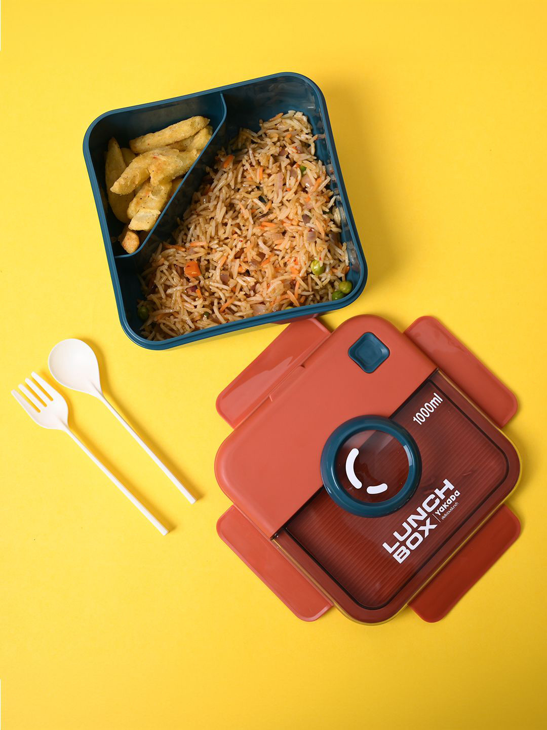 MARKET99 Red Typography Plastic Easy to Clean 3PCs Lunch Box With Spoon and Fork