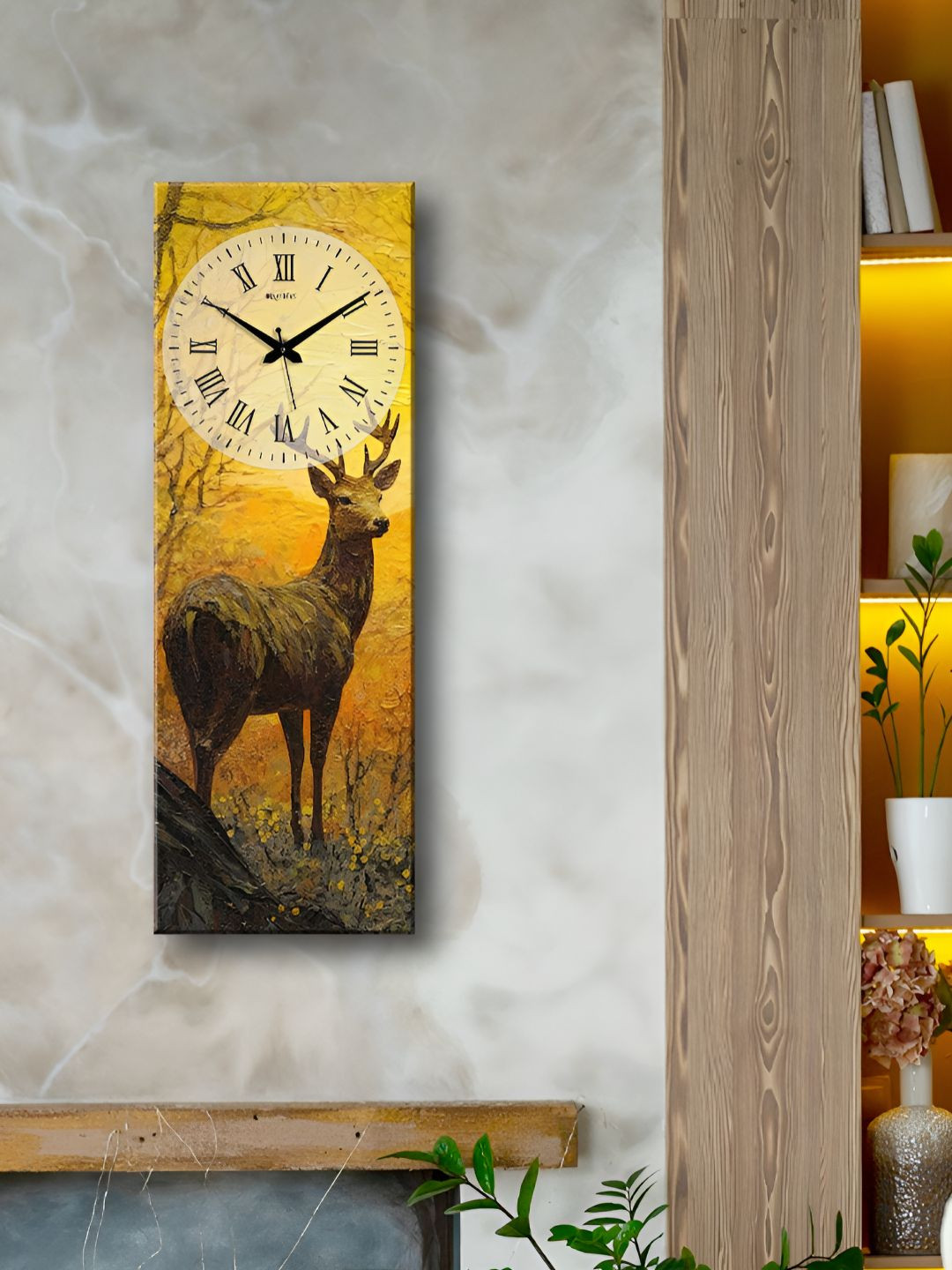 OLIVE TREE  Yellow & Orange Printed Rectangular Wooden Analogue Contemporary Wall Clock