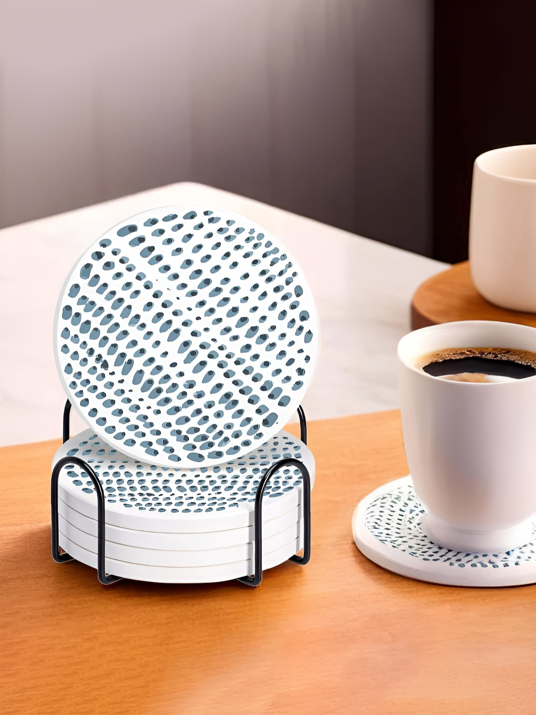 Ekhasa White & Blue 6 Pieces Printed Cork Base Coasters & Steel Holder