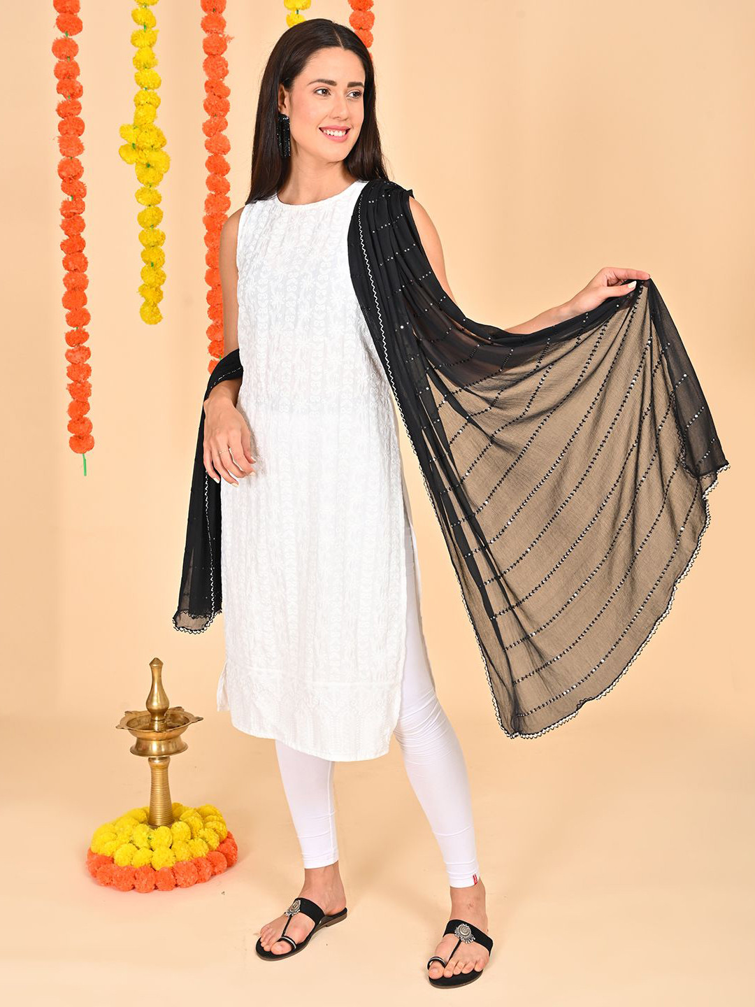 HELLA FASHIONS Striped Mukaish Sequence Embroidery Chiffon Dupatta