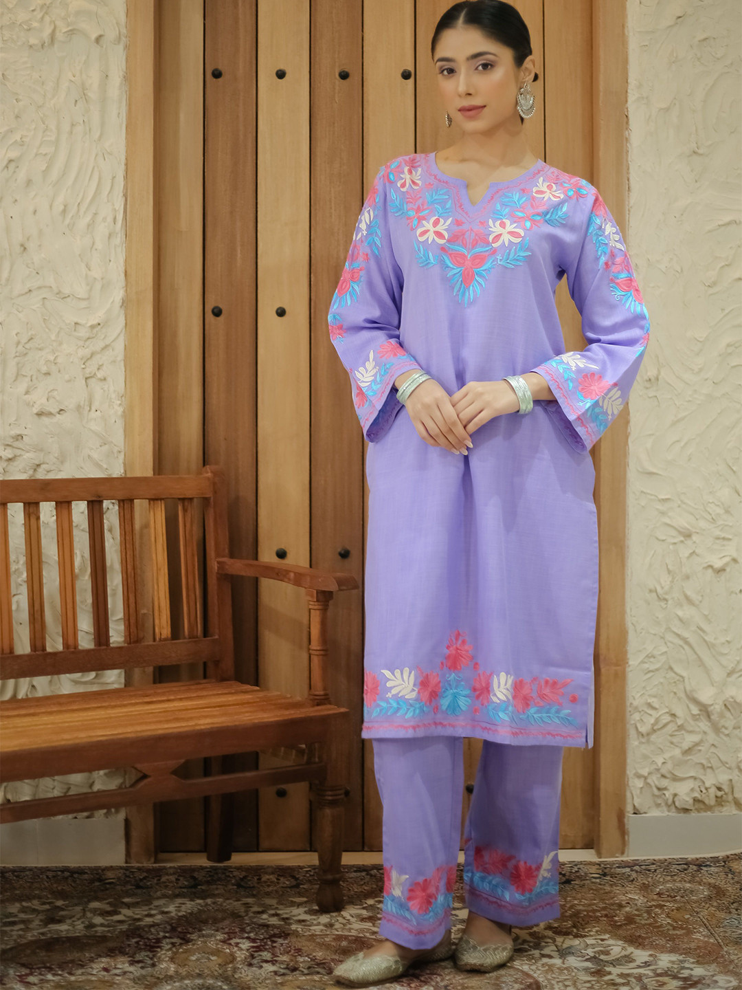 HOUSE OF KARI Flora Embroidered Thread Work Falak Kashmiri Straight Kurta With Trousers