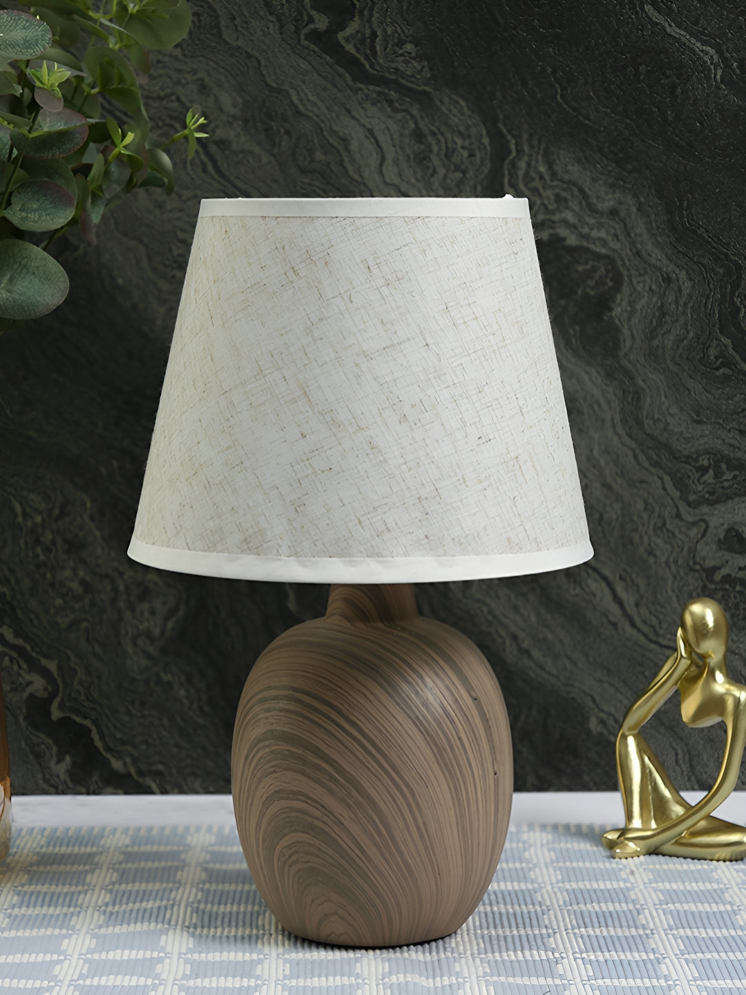 TAYHAA White and Brown Ceramic Contemporary Frusturical Shaped Table Lamp