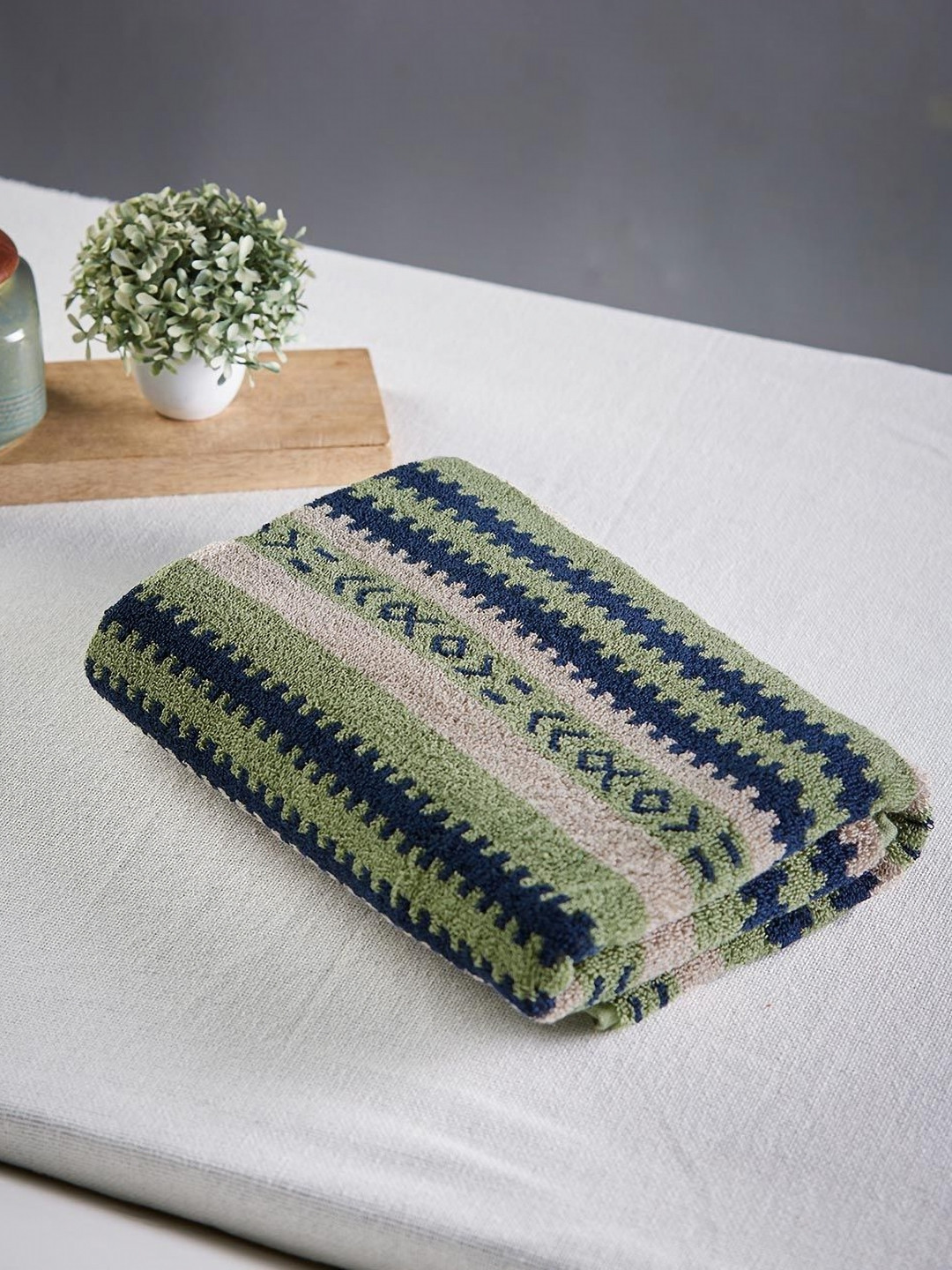 Fabindia Raina Navy Blue & Green Geometric Cotton 570 GSM Bath Towel