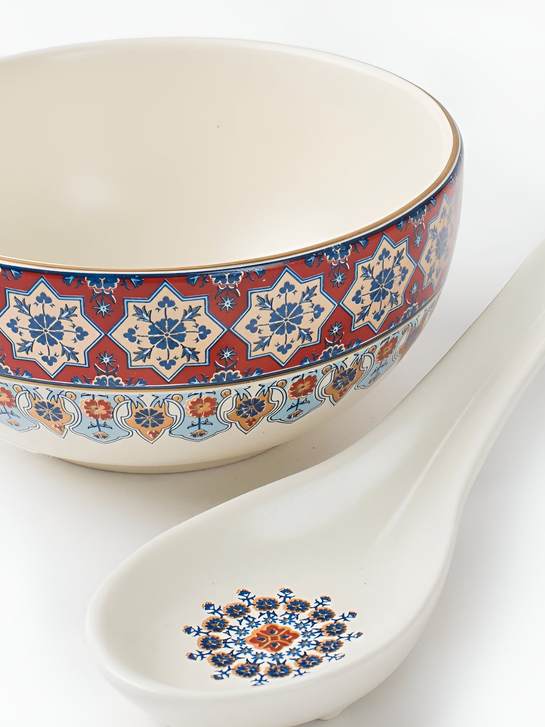 Fabindia Falak White & Red Printed Ceramic Bowl with Spoon
