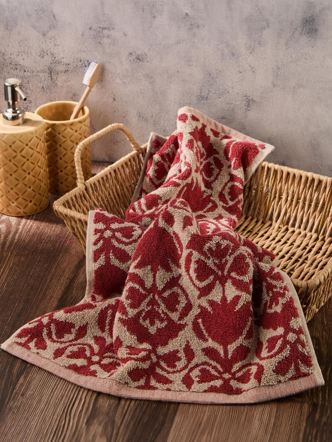 Fabindia Kamal Red Printed Pure Cotton 570 GSM Woven Hand Towel