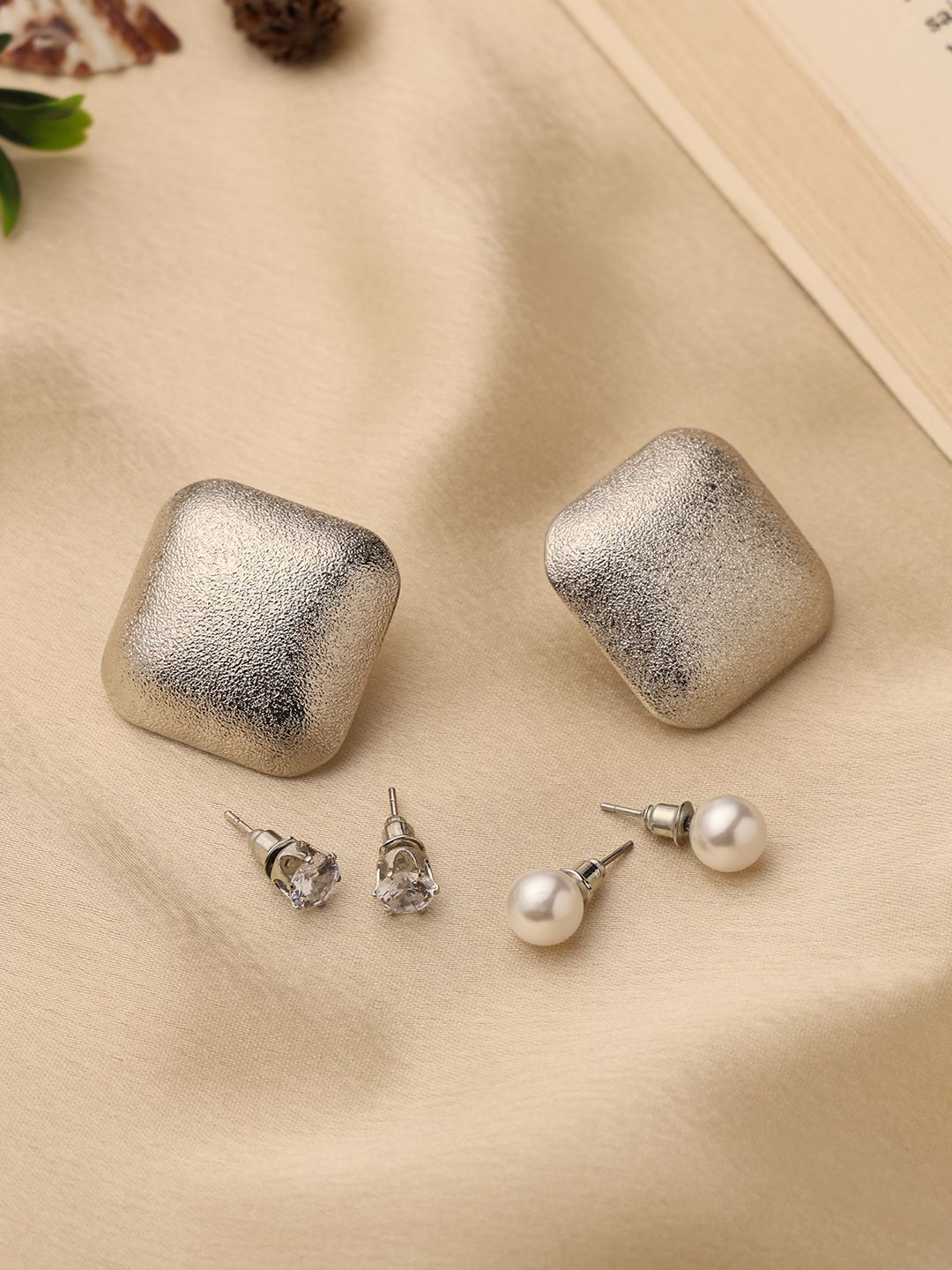VENI Set of 3 Oxidised 92.5 Silver-Plated Stones Studded and Beaded Studs