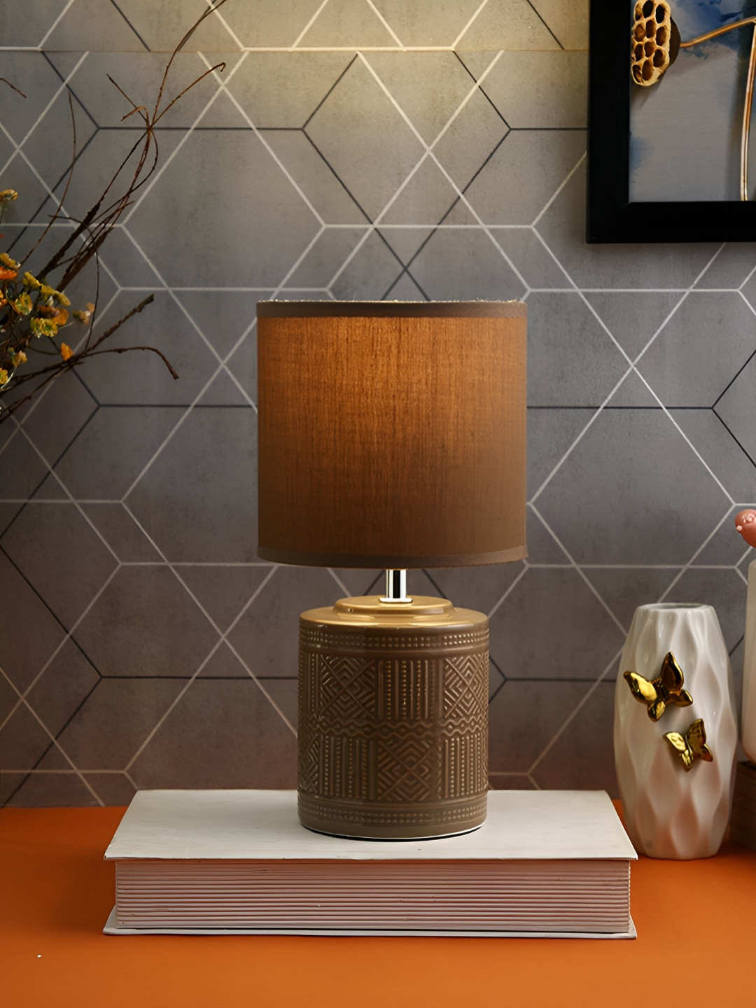 TAYHAA Brown Ceramic Contemporary Cylindrical Shaped Table Lamp