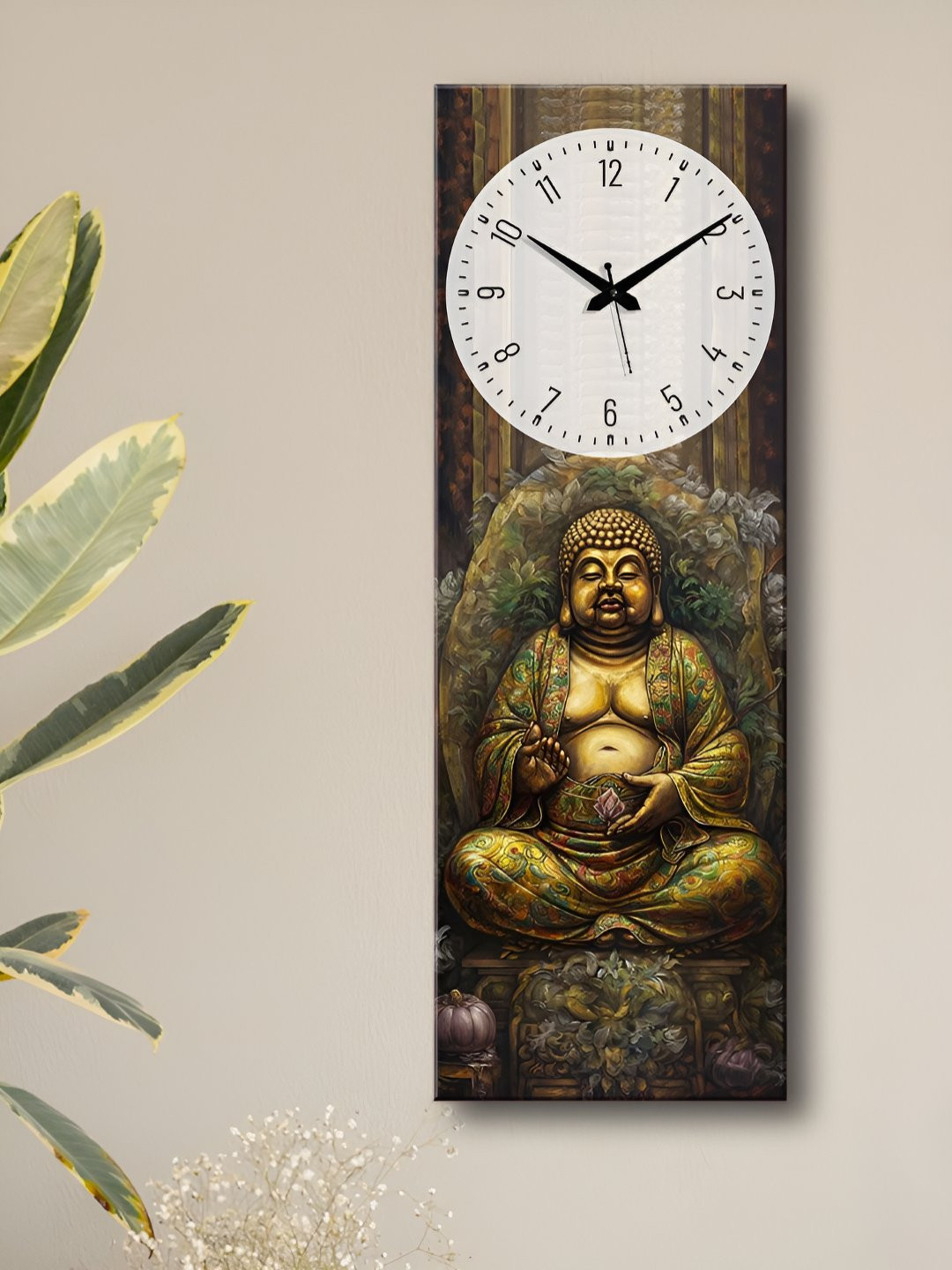 OLIVE TREE Green Wood Large Display Rectangle Battery Analogue Buddha Wall Clock