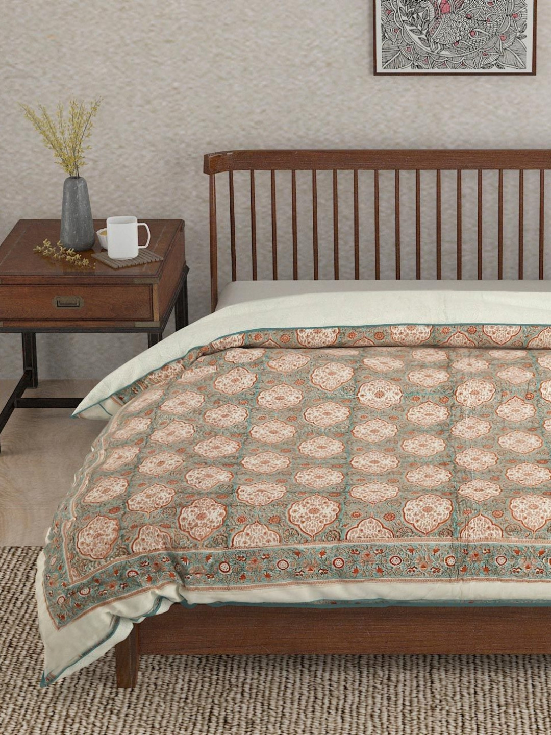 Fabindia Standalone Blue & Red Ethnic Motifs Printed 354 GSM Cotton Double Bed Quilt