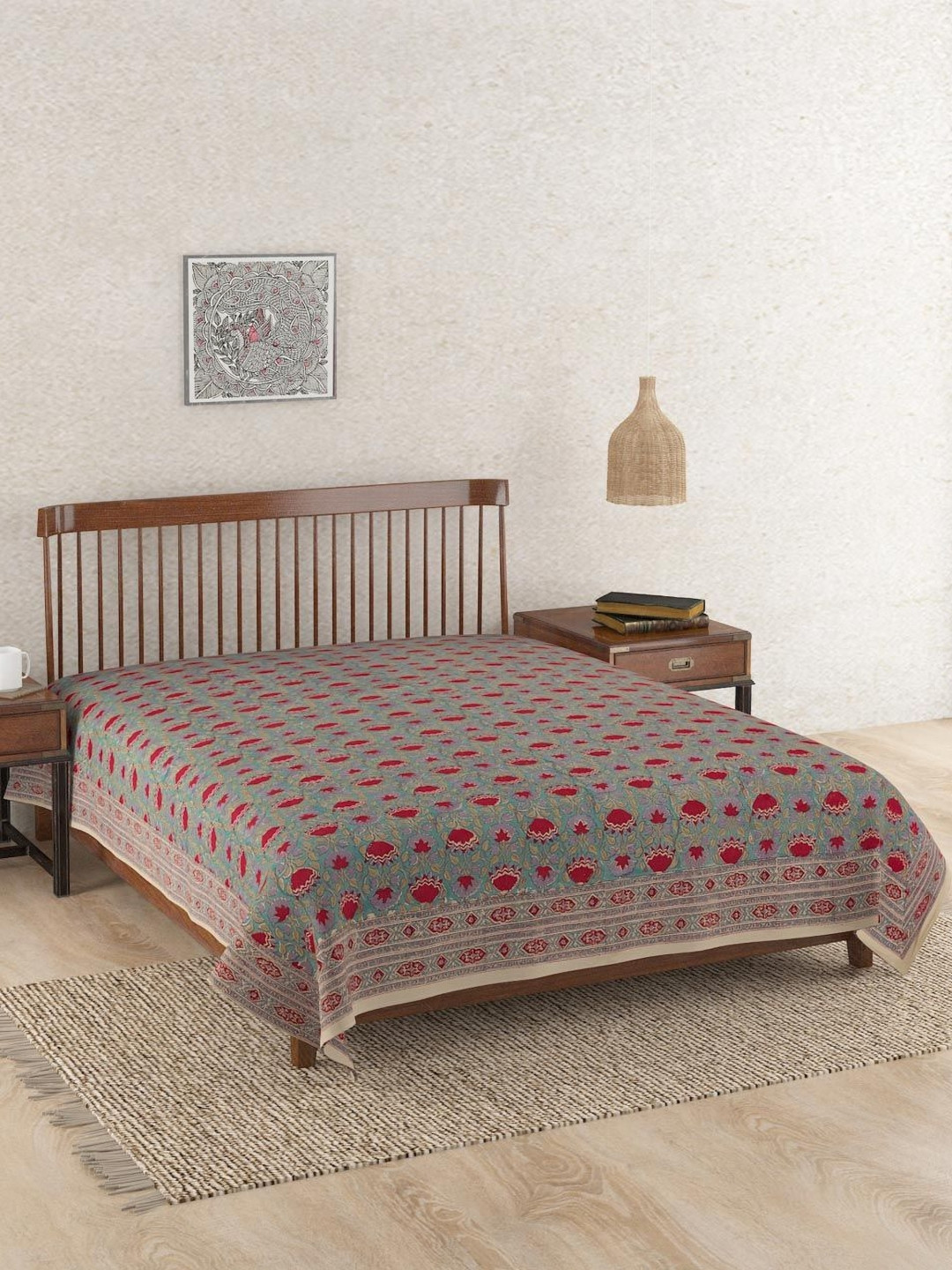 Fabindia Kamal Teal & Red Floral Printed Cotton Single Bed Cover