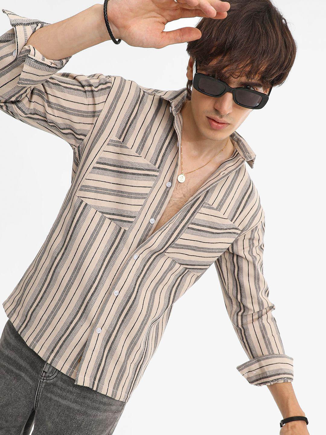 CAHOOT Men Comfort Spread Collar Striped Cotton Oversized Casual Shirt