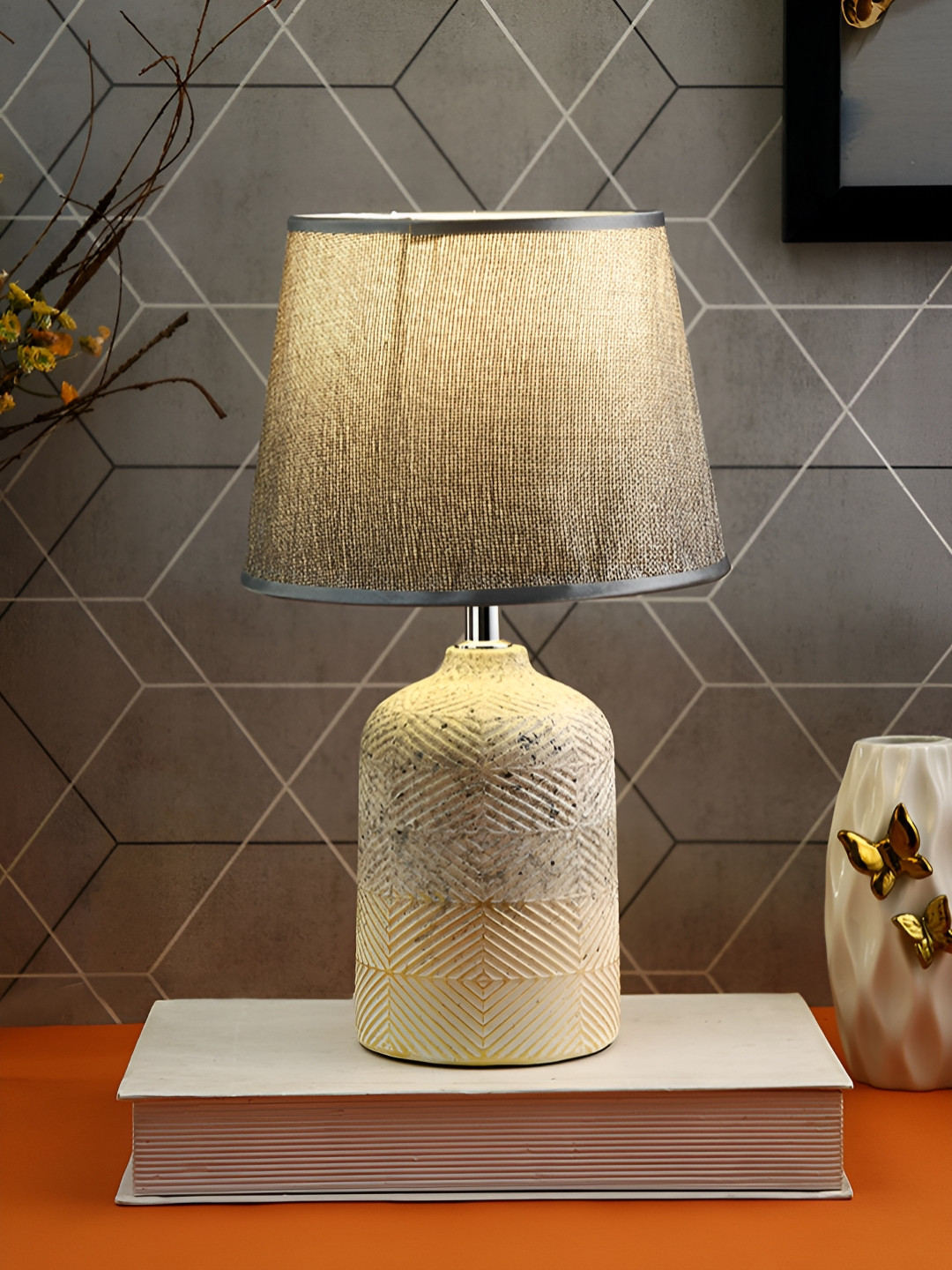 TAYHAA Grey and Beige Ceramic Contemporary Frusturical Shaped Table Lamp