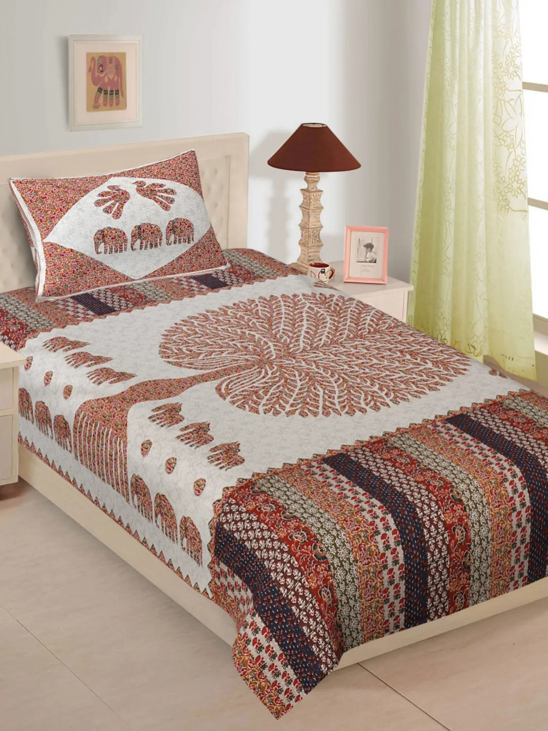 LIVING ROOTS Orange Ethnic Motifs Printed 144 TC Cotton Single Bedsheet With Pillow Cover