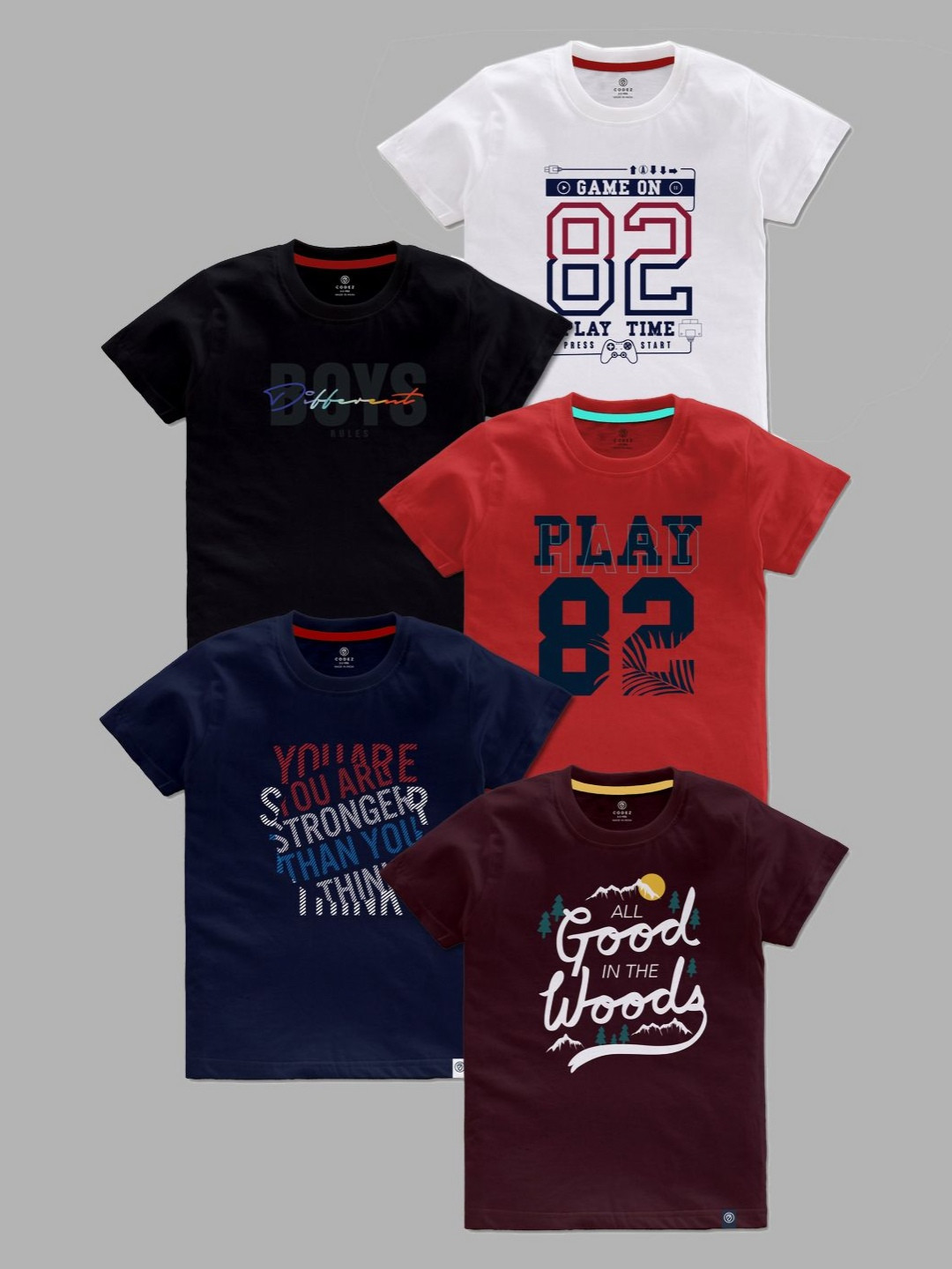 CODEZ Pack Of 5 Boys Typography Printed Round Neck Cotton T-shirts