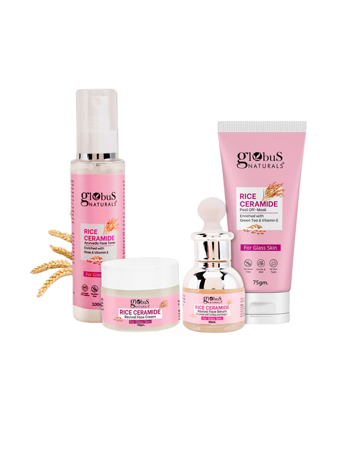 Globus naturals Set Of 4  Rice Ceramide Toner -Mask -Scrub & Serum -255g