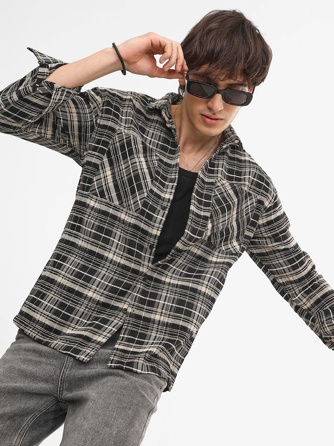 CAHOOT Men Comfort Spread Collar Checked Cotton Oversized Casual Shirt