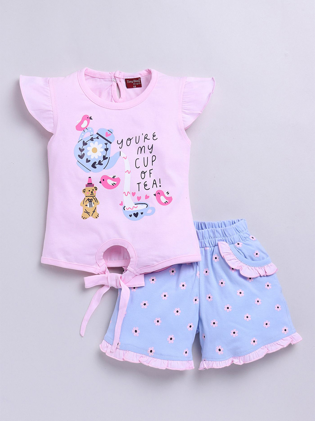 TINY BINY Girls Printed Pure Cotton Top with Shorts