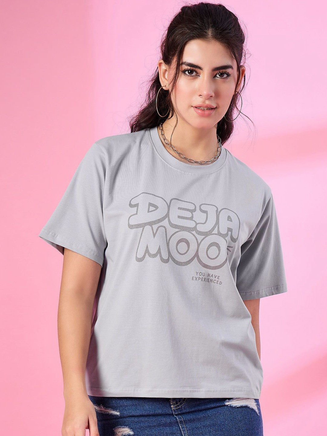 CUPID Women Typography Printed Round Neck Cotton Oversized T-shirt