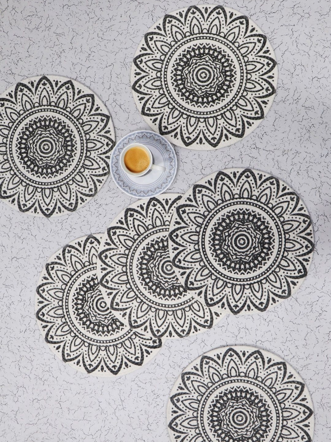 BELLA TRUE 6 Pieces White & Grey Rangoli Printed Cotton Round Table Placemats