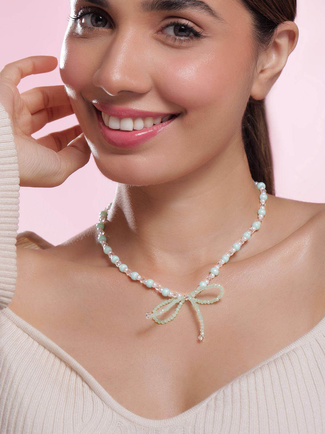 Rubans Rhodium Plated Aqua Green & White Beaded Necklace with Mint Green Bow Pendant