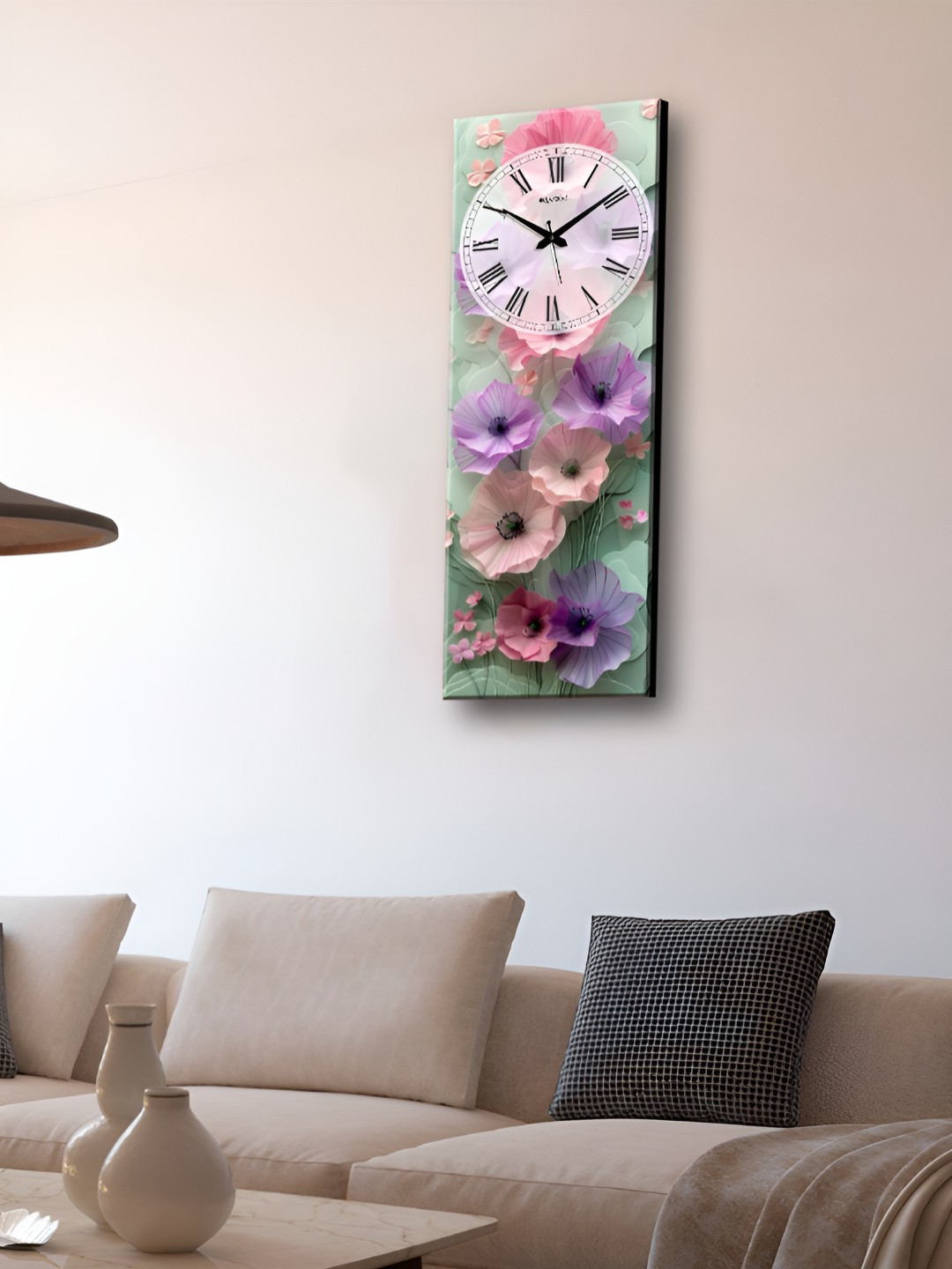 OLIVE TREE Purple & Pink  Printed Rectangular Wooden Analogue Contemporary Wall Clock