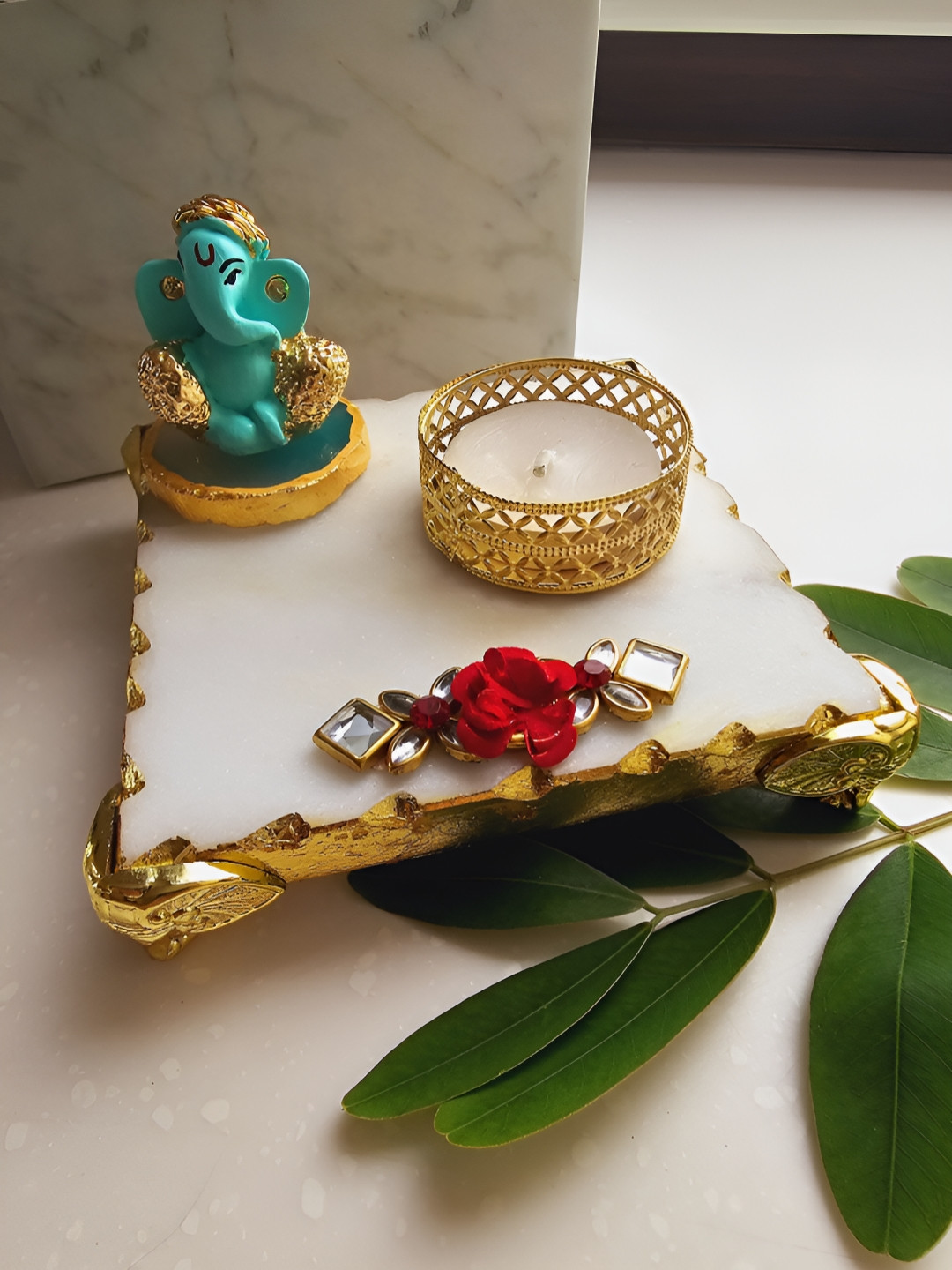 HOMEARTE White Ganesha with Marble Pooja Chowki and Tea light Religious Candle Holder