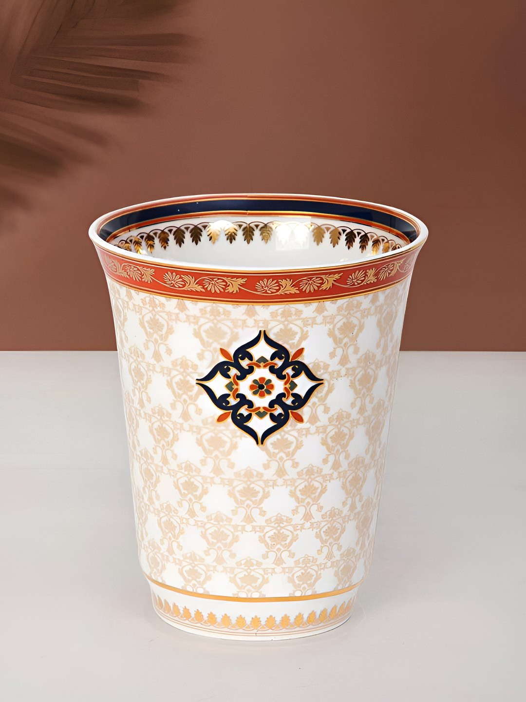 Fabindia Jodha White & Beige Printed Ceramic Water Glass 160 ml