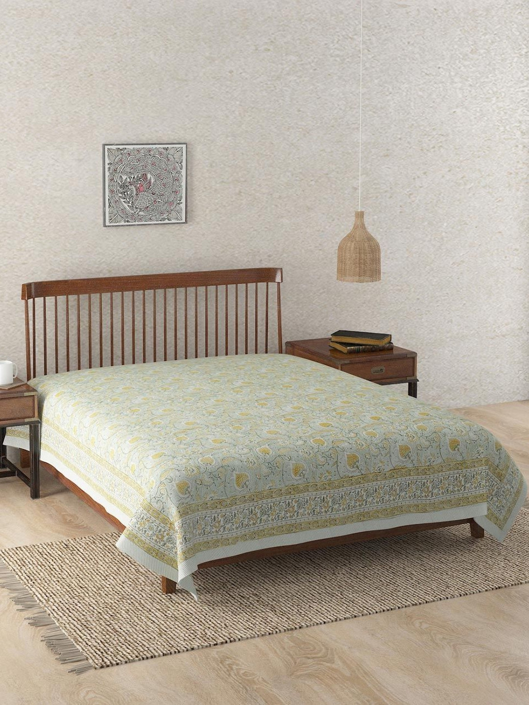 Fabindia Ihania Green & Yellow Floral Printed Cotton Single Bed Cover